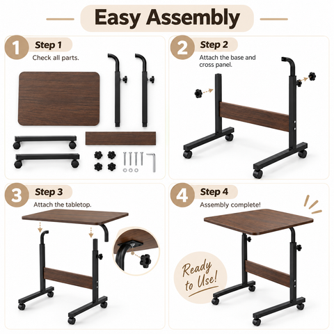 KRISHYAM® Height Adjustable Laptop Table with Wheels, 60 x 40 cm Engineered Wood Top, Mobile Rolling Bedside Study & Work Desk with Metal Frame for Bed, Sofa & Home Office, Walnut Brown & Black