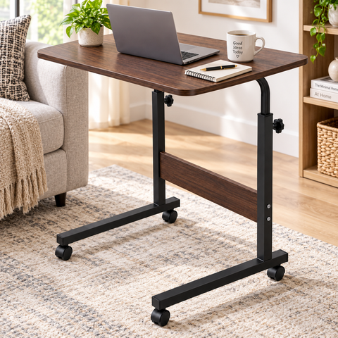 KRISHYAM® Height Adjustable Laptop Table with Wheels, 60 x 40 cm Engineered Wood Top, Mobile Rolling Bedside Study & Work Desk with Metal Frame for Bed, Sofa & Home Office, Walnut Brown & Black
