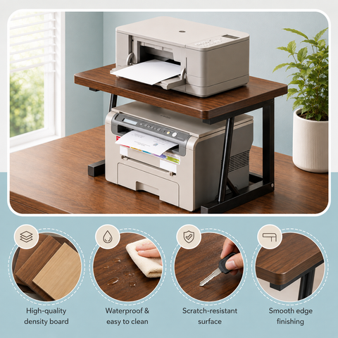 KRISHYAM® Printer Stand for Desk, 2-Tier Printer Table with Wooden Top & Metal Frame, Desktop Printer Rack & Office Organizer for Printer, Scanner, Documents & Supplies, 56 x 34 x 37 cm, Brown & Black