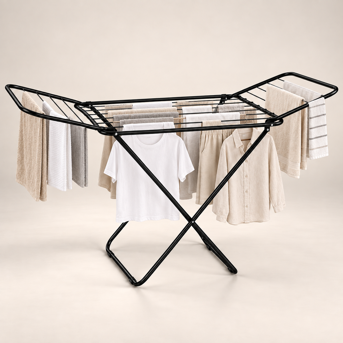 KRISHYAM® Foldable Clothes Drying Stand for Home, Metal Gullwing Laundry Drying Rack with Adjustable Wings, Multiple Drying Rods & Anti-Slip Feet for Balcony & Indoor Use, 185 x 51 x 95 cm, Black