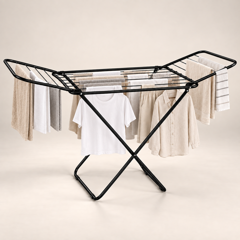 KRISHYAM® Foldable Clothes Drying Stand for Home, Metal Gullwing Laundry Drying Rack with Adjustable Wings, Multiple Drying Rods & Anti-Slip Feet for Balcony & Indoor Use, 185 x 51 x 95 cm, Black