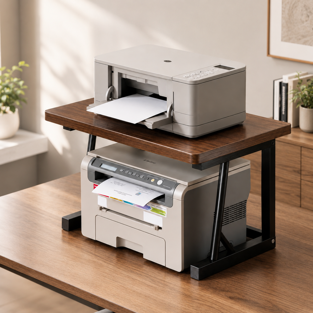 KRISHYAM® Printer Stand for Desk, 2-Tier Printer Table with Wooden Top & Metal Frame, Desktop Printer Rack & Office Organizer for Printer, Scanner, Documents & Supplies, 56 x 34 x 37 cm, Brown & Black