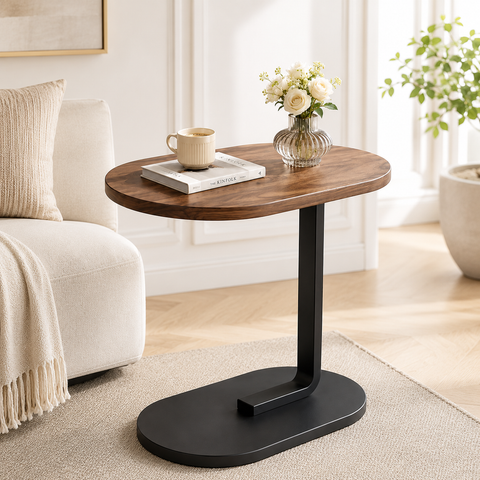 KRISHYAM® C-Shaped Side Table for Sofa & Bed, Wood Finish Bedside End Table with Metal Frame, Compact Laptop Coffee Snack Table for Living Room, Bedroom & Office, 40 x 28 x 55 cm, Brown & Black