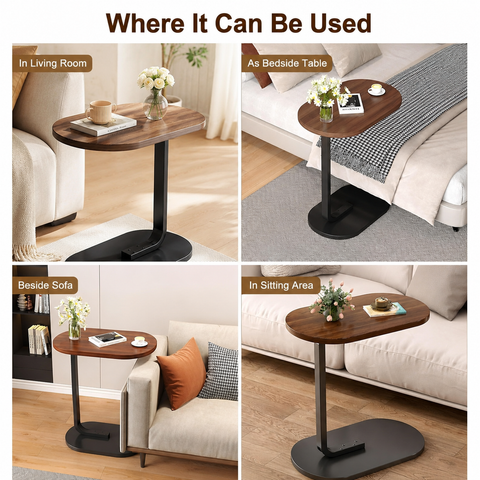 KRISHYAM® C-Shaped Side Table for Sofa & Bed, Wood Finish Bedside End Table with Metal Frame, Compact Laptop Coffee Snack Table for Living Room, Bedroom & Office, 40 x 28 x 55 cm, Brown & Black