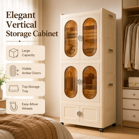 KRISHYAM® 3-Tier 6-Door Plastic Storage Cabinet with Wheels, Translucent Amber Door Modular Clothes Organizer Cupboard for Bedroom, Kids Room, Nursery & Home Storage, 172 x 66 x 37 cm, Beige
