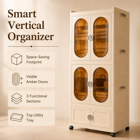 KRISHYAM® 3-Tier 6-Door Plastic Storage Cabinet with Wheels, Translucent Amber Door Modular Clothes Organizer Cupboard for Bedroom, Kids Room, Nursery & Home Storage, 172 x 66 x 37 cm, Beige