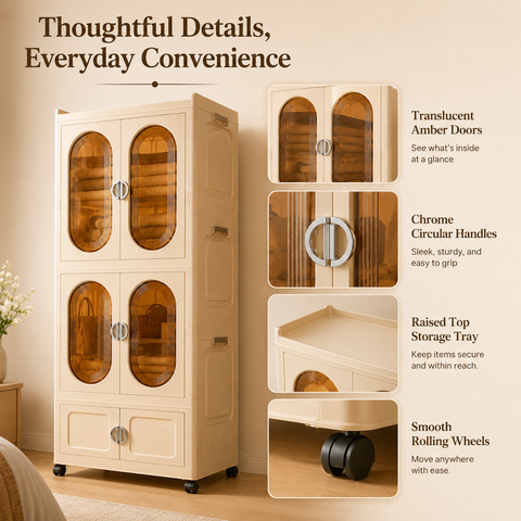 KRISHYAM® 3-Tier 6-Door Plastic Storage Cabinet with Wheels, Translucent Amber Door Modular Clothes Organizer Cupboard for Bedroom, Kids Room, Nursery & Home Storage, 172 x 66 x 37 cm, Beige