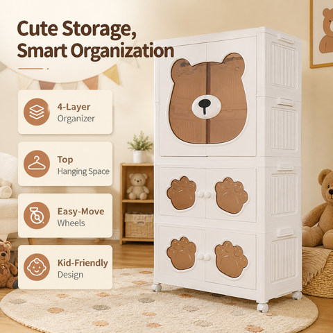 KRISHYAM® Kids Plastic Wardrobe for Clothes & Toys, 3-Tier 6-Door Storage Cabinet with Hanging Rod & Wheels, Bear Paw Design Multipurpose Organizer for Baby & Kids Room, 123 x 69 x 32 cm, White