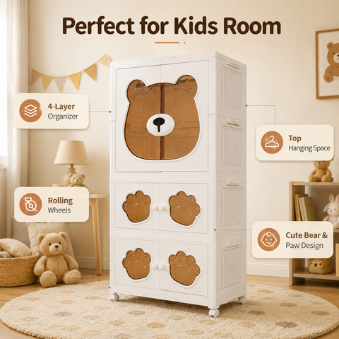 KRISHYAM® Kids Plastic Wardrobe for Clothes & Toys, 3-Tier 6-Door Storage Cabinet with Hanging Rod & Wheels, Bear Paw Design Multipurpose Organizer for Baby & Kids Room, 123 x 69 x 32 cm, White