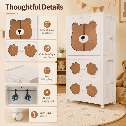 KRISHYAM® Kids Plastic Wardrobe for Clothes & Toys, 3-Tier 6-Door Storage Cabinet with Hanging Rod & Wheels, Bear Paw Design Multipurpose Organizer for Baby & Kids Room, 123 x 69 x 32 cm, White