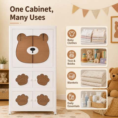KRISHYAM® Kids Plastic Wardrobe for Clothes & Toys, 3-Tier 6-Door Storage Cabinet with Hanging Rod & Wheels, Bear Paw Design Multipurpose Organizer for Baby & Kids Room, 123 x 69 x 32 cm, White