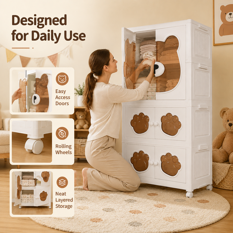 KRISHYAM® Kids Plastic Wardrobe for Clothes & Toys, 3-Tier 6-Door Storage Cabinet with Hanging Rod & Wheels, Bear Paw Design Multipurpose Organizer for Baby & Kids Room, 123 x 69 x 32 cm, White