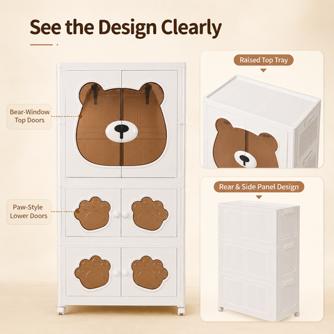 KRISHYAM® Kids Plastic Wardrobe for Clothes & Toys, 3-Tier 6-Door Storage Cabinet with Hanging Rod & Wheels, Bear Paw Design Multipurpose Organizer for Baby & Kids Room, 123 x 69 x 32 cm, White