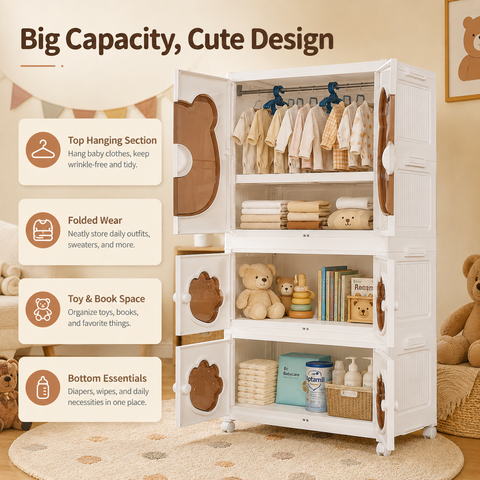 KRISHYAM® Kids Plastic Wardrobe for Clothes & Toys, 3-Tier 6-Door Storage Cabinet with Hanging Rod & Wheels, Bear Paw Design Multipurpose Organizer for Baby & Kids Room, 123 x 69 x 32 cm, White