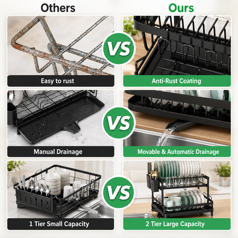 KRISHYAM® 2-Tier Dish Drying Rack for Kitchen Counter, Metal Utensil & Plate Organizer with Cup Holder, Cutlery & Knife Holder, Chopping Board Holder, Drain Tray with Spout, 42 x 30 x 30 cm, Black