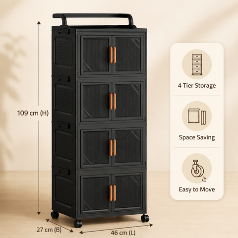 KRISHYAM® 4-Tier 8-Door Plastic Storage Cabinet with Wheels, Water-Resistant Modular Clothes Organizer Cupboard for Bedroom, Bathroom, Kids Room & Home Storage, 109 x 46 x 27 cm, Black