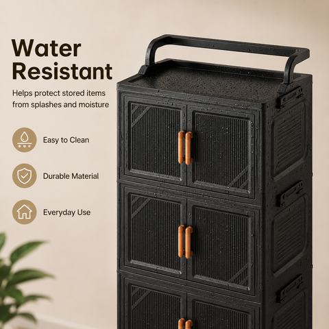 KRISHYAM® 4-Tier 8-Door Plastic Storage Cabinet with Wheels, Water-Resistant Modular Clothes Organizer Cupboard for Bedroom, Bathroom, Kids Room & Home Storage, 109 x 46 x 27 cm, Black