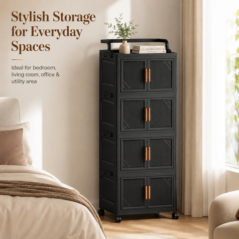 KRISHYAM® 4-Tier 8-Door Plastic Storage Cabinet with Wheels, Water-Resistant Modular Clothes Organizer Cupboard for Bedroom, Bathroom, Kids Room & Home Storage, 109 x 46 x 27 cm, Black