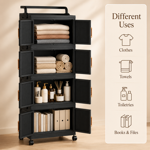 KRISHYAM® 4-Tier 8-Door Plastic Storage Cabinet with Wheels, Water-Resistant Modular Clothes Organizer Cupboard for Bedroom, Bathroom, Kids Room & Home Storage, 109 x 46 x 27 cm, Black