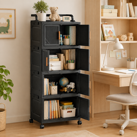 KRISHYAM® 4-Tier 8-Door Plastic Storage Cabinet with Wheels, Water-Resistant Modular Clothes Organizer Cupboard for Bedroom, Bathroom, Kids Room & Home Storage, 109 x 46 x 27 cm, Black