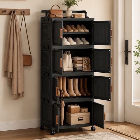 KRISHYAM® 4-Tier 8-Door Plastic Storage Cabinet with Wheels, Water-Resistant Modular Clothes Organizer Cupboard for Bedroom, Bathroom, Kids Room & Home Storage, 109 x 46 x 27 cm, Black