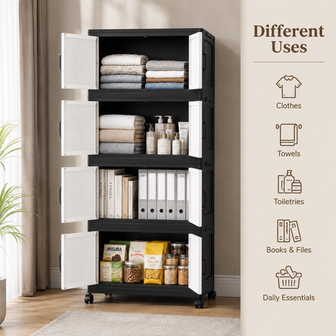 KRISHYAM® 4-Layer Plastic Storage Cabinet with 8 Doors & Wheels, Multipurpose Clothes Organizer & Modular Cupboard for Bedroom, Kids Room, Toys, Books & Home Storage, 140 x 66 x 38 cm, Black & White