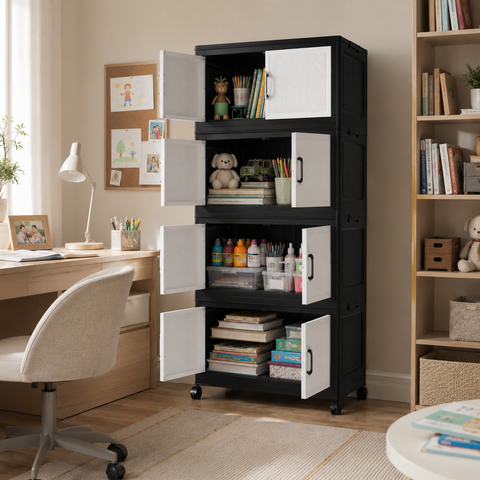 KRISHYAM® 4-Layer Plastic Storage Cabinet with 8 Doors & Wheels, Multipurpose Clothes Organizer & Modular Cupboard for Bedroom, Kids Room, Toys, Books & Home Storage, 140 x 66 x 38 cm, Black & White