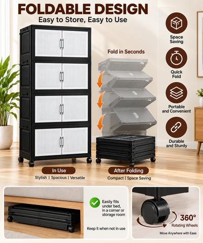KRISHYAM® 4-Layer Plastic Storage Cabinet with 8 Doors & Wheels, Multipurpose Clothes Organizer & Modular Cupboard for Bedroom, Kids Room, Toys, Books & Home Storage, 140 x 66 x 38 cm, Black & White