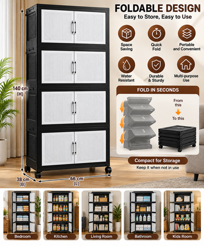 KRISHYAM® 4-Layer Plastic Storage Cabinet with 8 Doors & Wheels, Multipurpose Clothes Organizer & Modular Cupboard for Bedroom, Kids Room, Toys, Books & Home Storage, 140 x 66 x 38 cm, Black & White