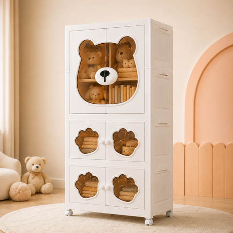 KRISHYAM® Kids Plastic Wardrobe for Clothes & Toys, 3-Tier 6-Door Storage Cabinet with Hanging Rod & Wheels, Bear Paw Design Multipurpose Organizer for Baby & Kids Room, 123 x 69 x 32 cm, White