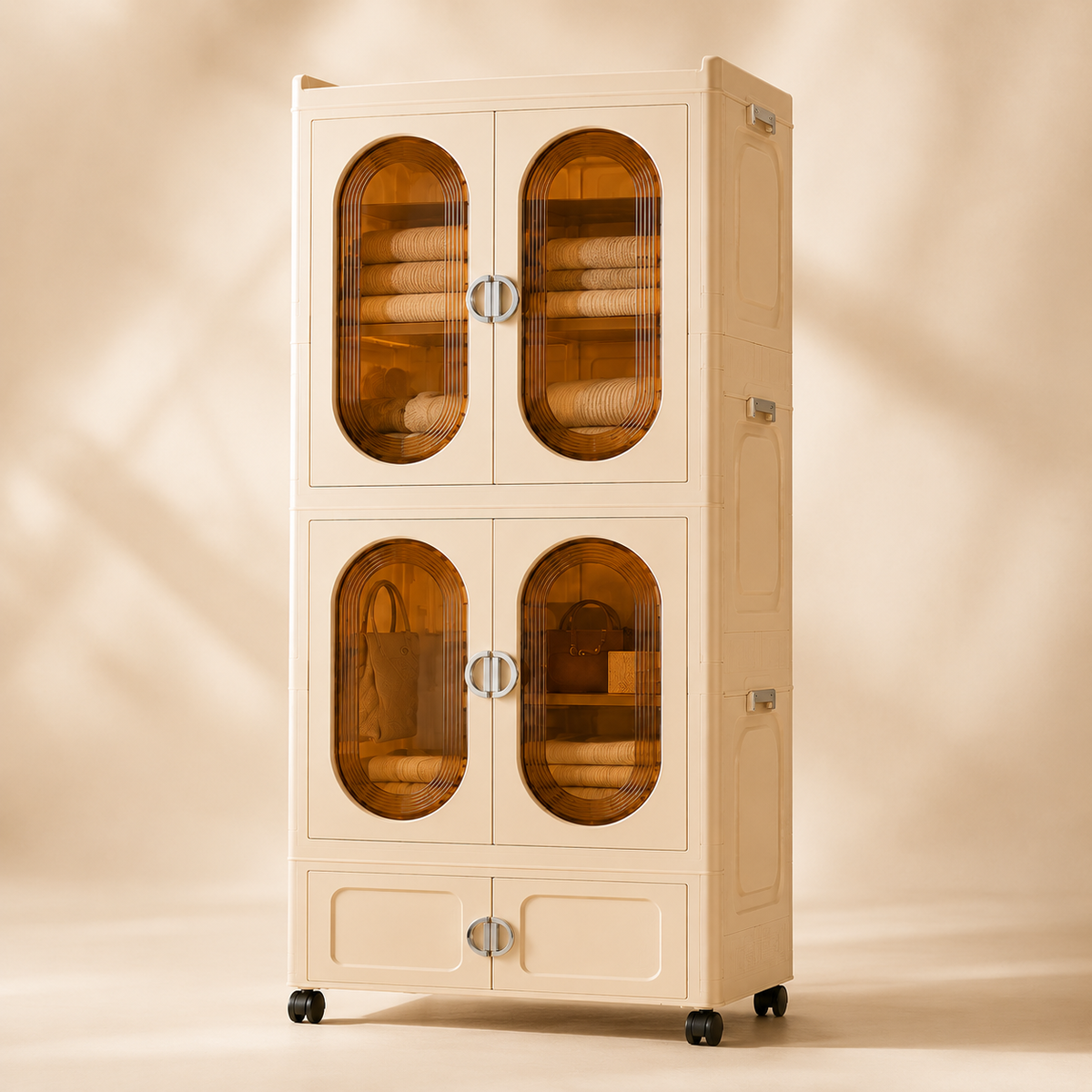 KRISHYAM® 3-Tier 6-Door Plastic Storage Cabinet with Wheels, Translucent Amber Door Modular Clothes Organizer Cupboard for Bedroom, Kids Room, Nursery & Home Storage, 172 x 66 x 37 cm, Beige
