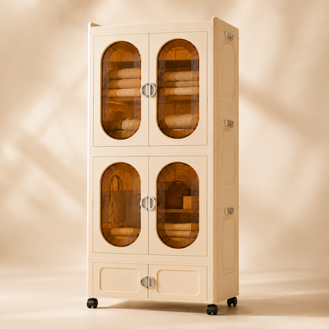 KRISHYAM® 3-Tier 6-Door Plastic Storage Cabinet with Wheels, Translucent Amber Door Modular Clothes Organizer Cupboard for Bedroom, Kids Room, Nursery & Home Storage, 172 x 66 x 37 cm, Beige