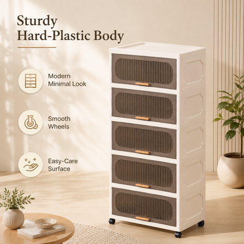 KRISHYAM® 5-Layer Plastic Storage Cabinet with 5 Lift-Up Doors & Wheels, Smoky Translucent Modular Clothes Organizer Cupboard for Bedroom, Kids Room & Home Storage, 134 x 59 x 31 cm, White