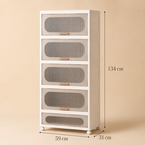 KRISHYAM® 5-Layer Plastic Storage Cabinet with 5 Lift-Up Doors & Wheels, Smoky Translucent Modular Clothes Organizer Cupboard for Bedroom, Kids Room & Home Storage, 134 x 59 x 31 cm, White