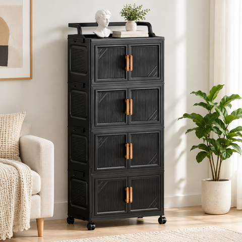 KRISHYAM® 4-Tier 8-Door Plastic Storage Cabinet with Wheels, Water-Resistant Modular Clothes Organizer Cupboard for Bedroom, Bathroom, Kids Room & Home Storage, 109 x 46 x 27 cm, Black