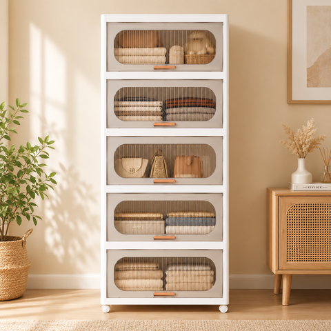 KRISHYAM® 5-Layer Plastic Storage Cabinet with 5 Lift-Up Doors & Wheels, Smoky Translucent Modular Clothes Organizer Cupboard for Bedroom, Kids Room & Home Storage, 134 x 59 x 31 cm, White