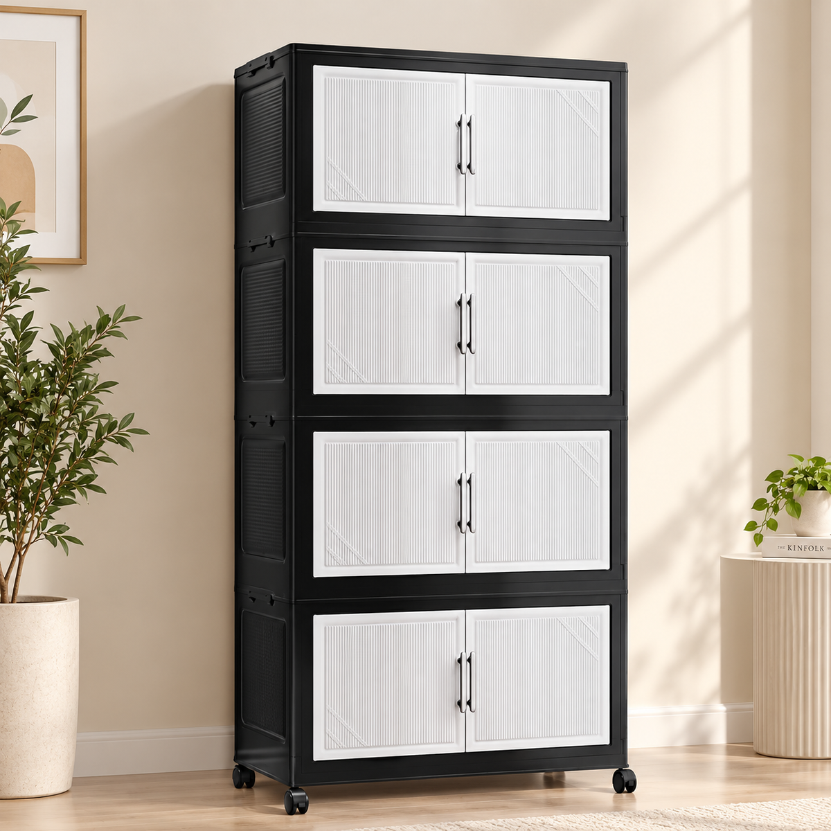 KRISHYAM® 4-Layer Plastic Storage Cabinet with 8 Doors & Wheels, Multipurpose Clothes Organizer & Modular Cupboard for Bedroom, Kids Room, Toys, Books & Home Storage, 140 x 66 x 38 cm, Black & White