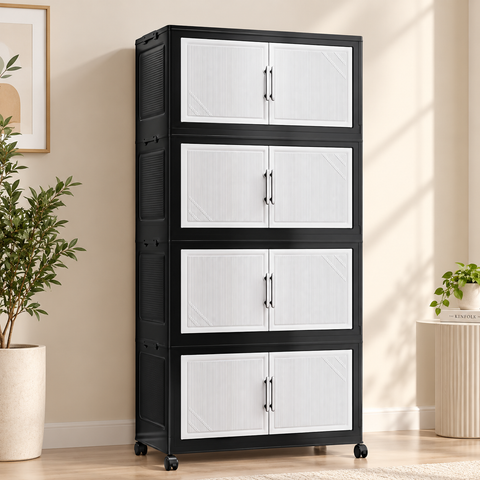 KRISHYAM® 4-Layer Plastic Storage Cabinet with 8 Doors & Wheels, Multipurpose Clothes Organizer & Modular Cupboard for Bedroom, Kids Room, Toys, Books & Home Storage, 140 x 66 x 38 cm, Black & White
