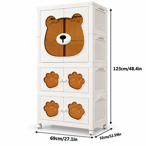KRISHYAM® Kids Plastic Wardrobe for Clothes & Toys, 3-Tier 6-Door Storage Cabinet with Hanging Rod & Wheels, Bear Paw Design Multipurpose Organizer for Baby & Kids Room, 123 x 69 x 32 cm, White