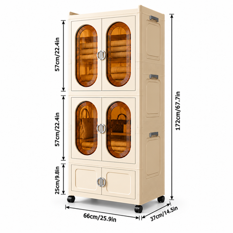 KRISHYAM® 3-Tier 6-Door Plastic Storage Cabinet with Wheels, Translucent Amber Door Modular Clothes Organizer Cupboard for Bedroom, Kids Room, Nursery & Home Storage, 172 x 66 x 37 cm, Beige
