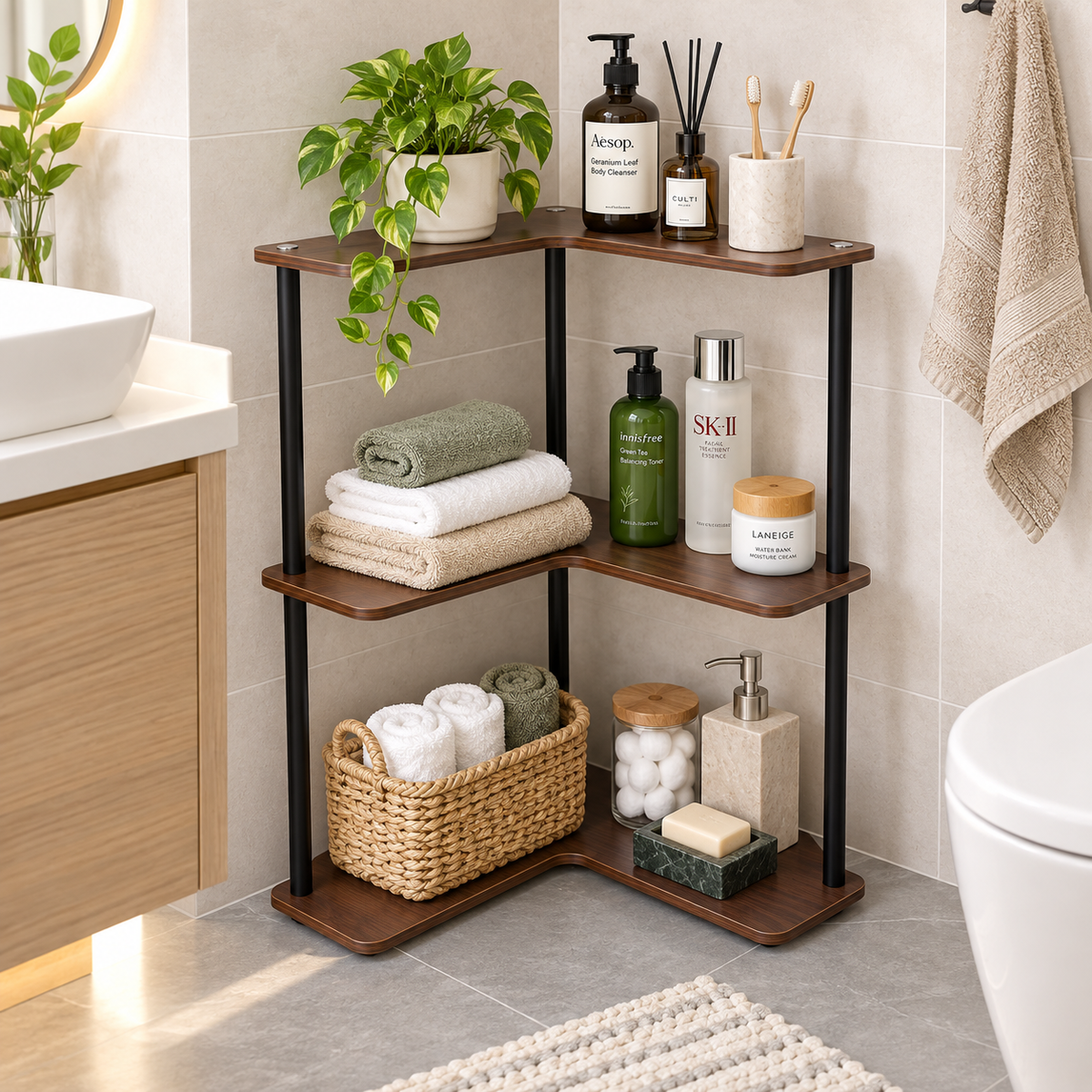 KRISHYAM® 3 Tier Corner Shelf, L-Shaped Space Saving Storage Rack with Walnut Wood Finish Shelves & Metal Frame, Freestanding Corner Organizer for Bathroom, Kitchen, Living Room, Bedroom & Study, 35 x 35 x 63 cm