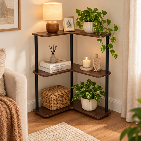 KRISHYAM® 3 Tier Corner Shelf, L-Shaped Space Saving Storage Rack with Walnut Wood Finish Shelves & Metal Frame, Freestanding Corner Organizer for Bathroom, Kitchen, Living Room, Bedroom & Study, 35 x 35 x 63 cm