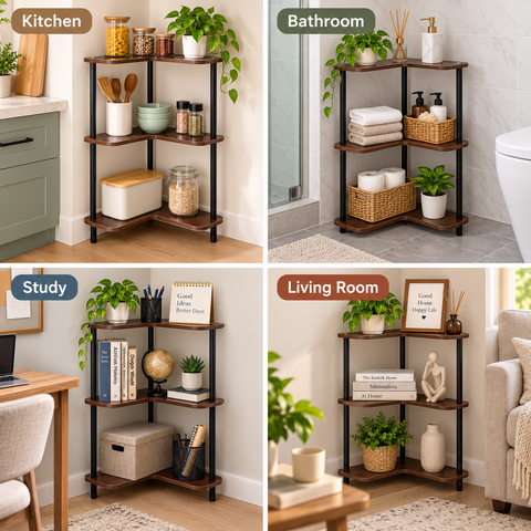 KRISHYAM® 3 Tier Corner Shelf, L-Shaped Space Saving Storage Rack with Walnut Wood Finish Shelves & Metal Frame, Freestanding Corner Organizer for Bathroom, Kitchen, Living Room, Bedroom & Study, 35 x 35 x 63 cm