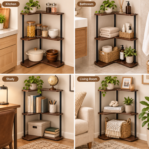 KRISHYAM® 3 Tier Corner Shelf, L-Shaped Space Saving Storage Rack with Walnut Wood Finish Shelves & Metal Frame, Freestanding Corner Organizer for Bathroom, Kitchen, Living Room, Bedroom & Study, 35 x 35 x 63 cm