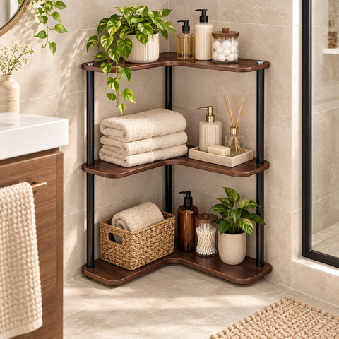 KRISHYAM® 3 Tier Corner Shelf, L-Shaped Space Saving Storage Rack with Walnut Wood Finish Shelves & Metal Frame, Freestanding Corner Organizer for Bathroom, Kitchen, Living Room, Bedroom & Study, 35 x 35 x 63 cm