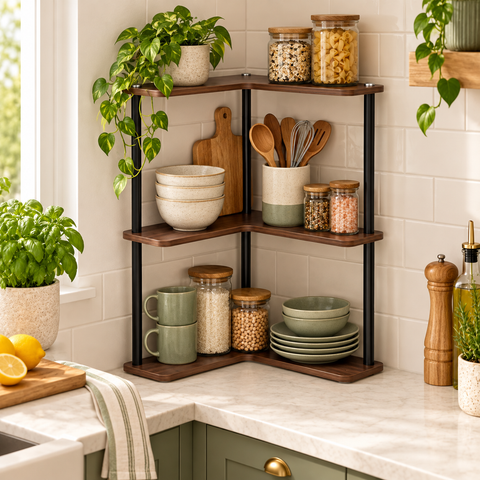 KRISHYAM® 3 Tier Corner Shelf, L-Shaped Space Saving Storage Rack with Walnut Wood Finish Shelves & Metal Frame, Freestanding Corner Organizer for Bathroom, Kitchen, Living Room, Bedroom & Study, 35 x 35 x 63 cm