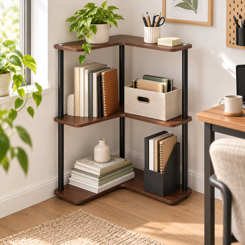 KRISHYAM® 3 Tier Corner Shelf, L-Shaped Space Saving Storage Rack with Walnut Wood Finish Shelves & Metal Frame, Freestanding Corner Organizer for Bathroom, Kitchen, Living Room, Bedroom & Study, 35 x 35 x 63 cm