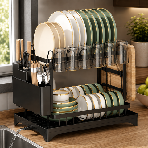KRISHYAM® 2-Tier Dish Drying Rack for Kitchen Counter, Metal Utensil & Plate Organizer with Cup Holder, Cutlery & Knife Holder, Chopping Board Holder, Drain Tray with Spout, 42 x 30 x 30 cm, Black