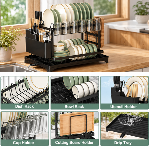 KRISHYAM® 2-Tier Dish Drying Rack for Kitchen Counter, Metal Utensil & Plate Organizer with Cup Holder, Cutlery & Knife Holder, Chopping Board Holder, Drain Tray with Spout, 42 x 30 x 30 cm, Black