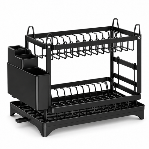 KRISHYAM® 2-Tier Dish Drying Rack for Kitchen Counter, Metal Utensil & Plate Organizer with Cup Holder, Cutlery & Knife Holder, Chopping Board Holder, Drain Tray with Spout, 42 x 30 x 30 cm, Black